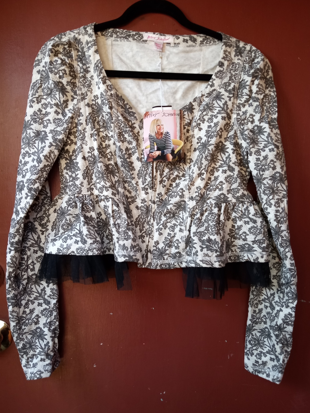 Vtg Betsey Johnson Cropped White and Black Floral Peplum Long Sleeve Top M